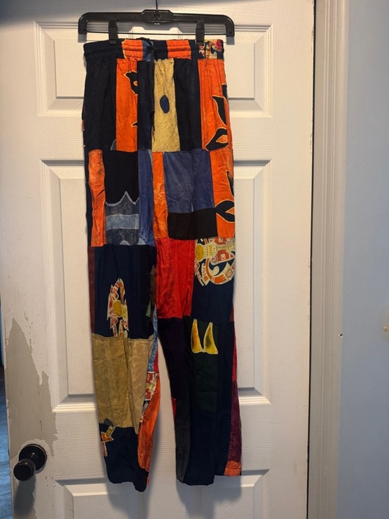 Pants - Patchwork Multicolor Boho Lounge Pants - Vibrant Orange & Blue